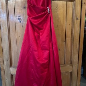 Red satin evening gown